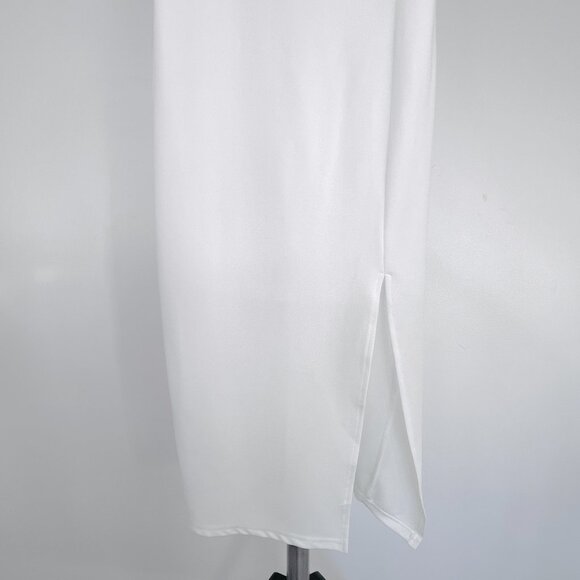 Sz M- NWT OWIN White Asymmetrical Neckline Side Split Sexy Bodycon‎ Midi Dress - Picture 5 of 15